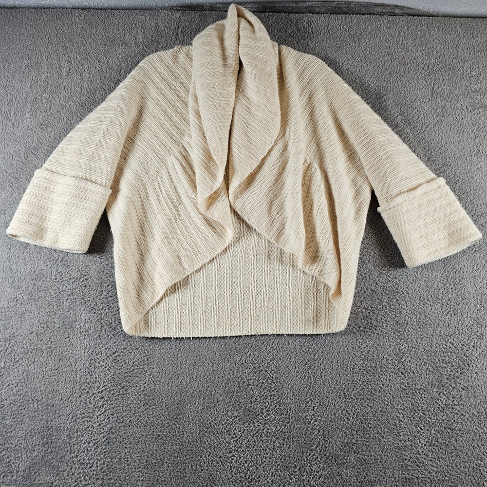Autumn Cashmere Cream Ribbed Open Front Cardigan Shawl Collar Merino Wool Small